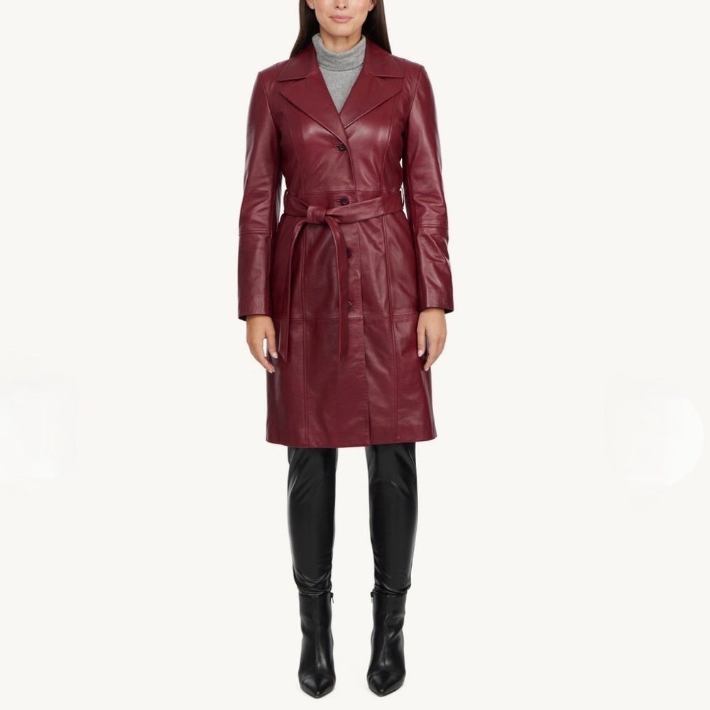 Badgley Mischka Tinsley Lamb Leather Trench Coat Bordeaux Oxblood NWT Size Small - Picture 2 of 11